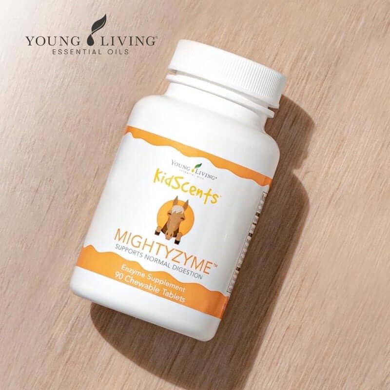 Young Living KidScents MightyZyme seen during kid snack time for convenient digestion aid.