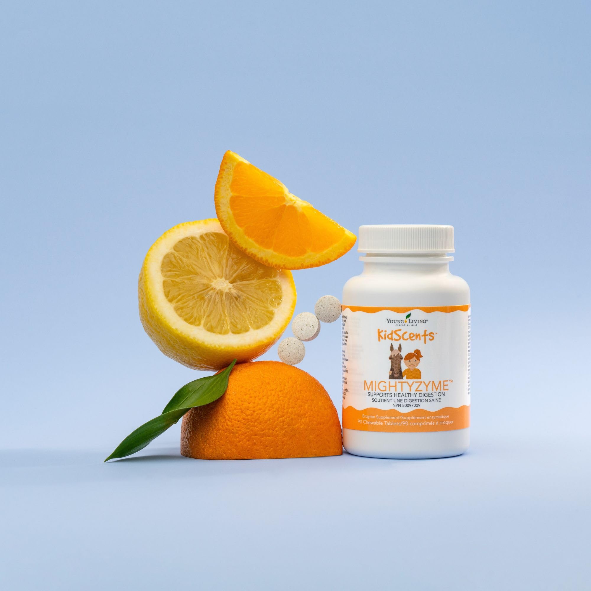 Young Living KidScents MightyZyme tablets close-up showing chewable texture.