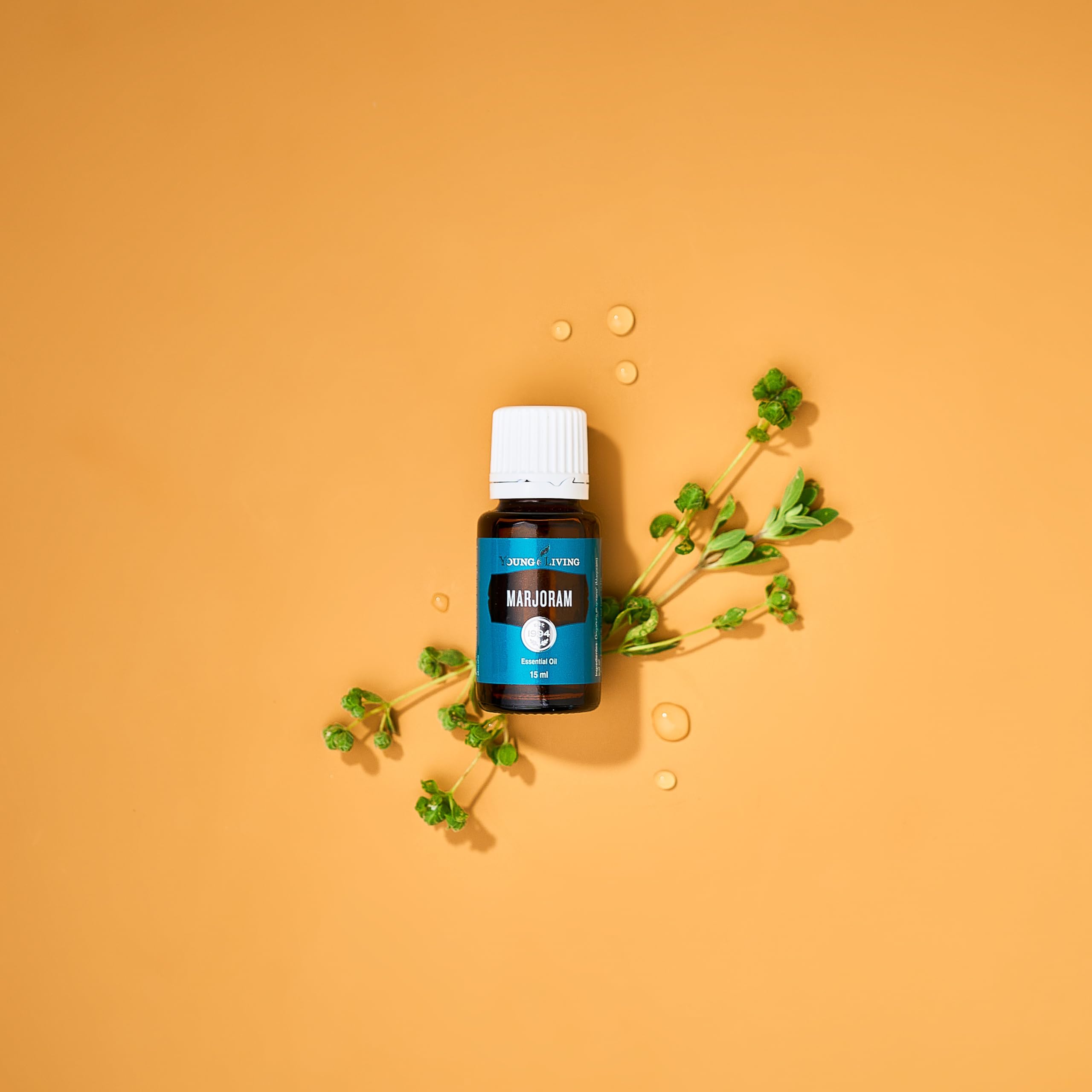 Close-up of Young Living Marjoram oil label showing purity and origin.