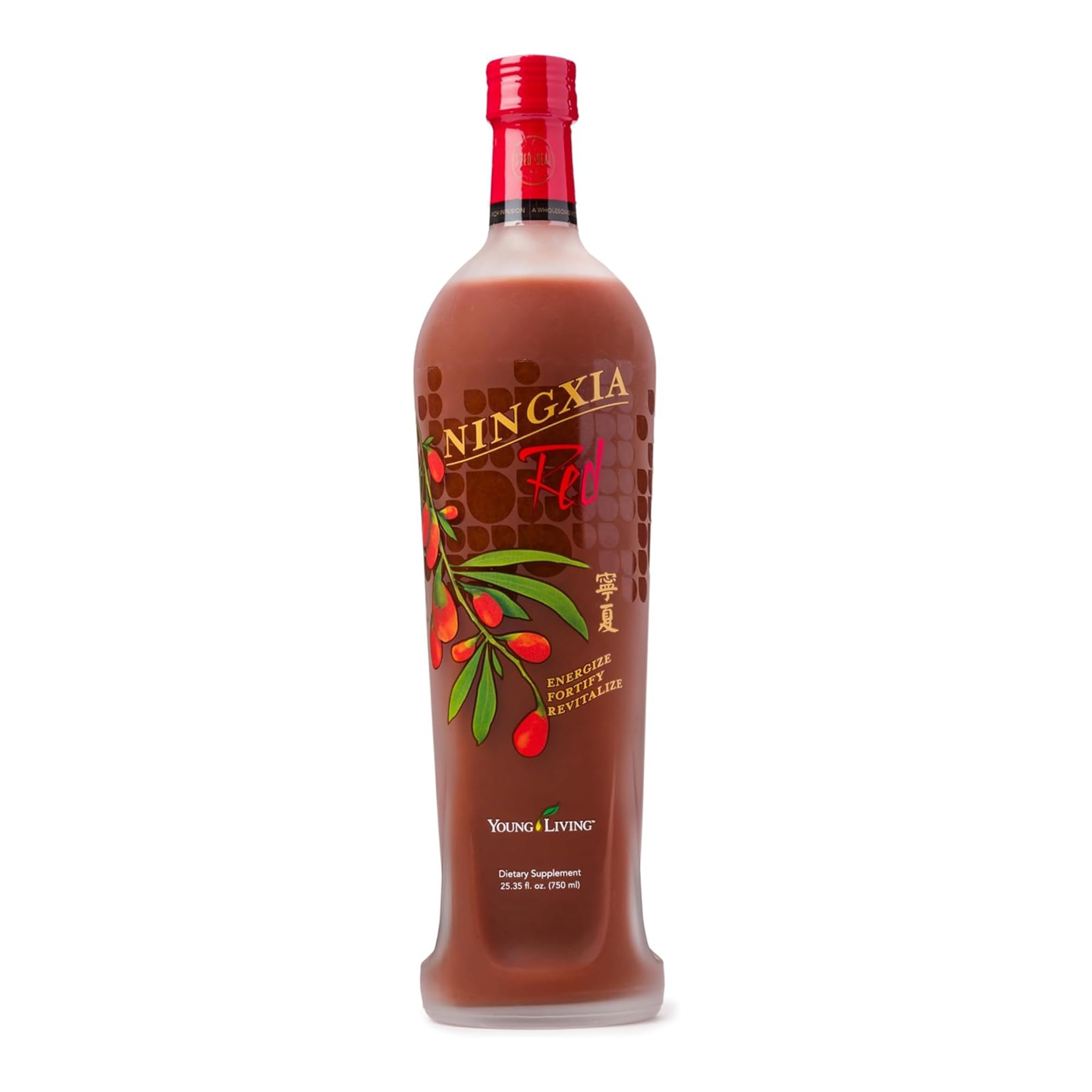 Young Living NingXia Red bottle front label; a vibrant antioxidant beverage for daily wellness.