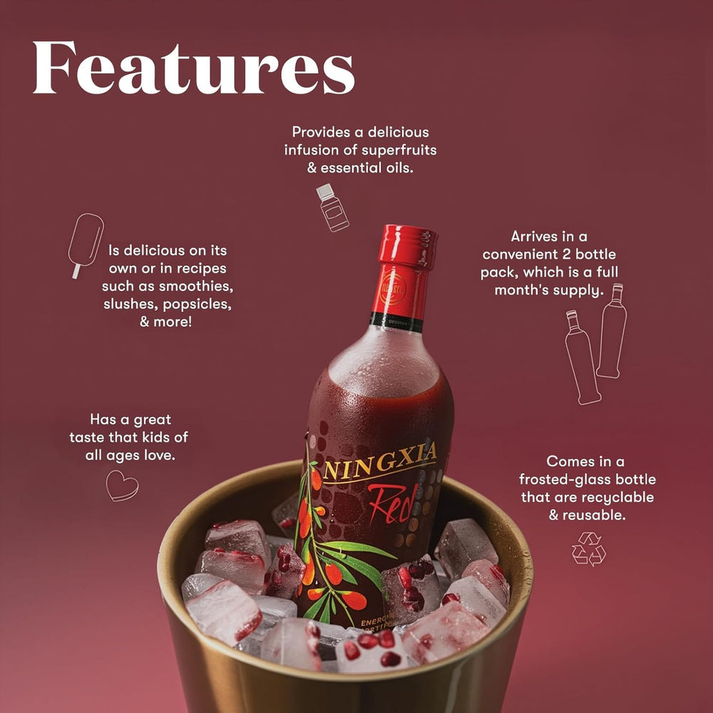 Young Living NingXia Red ingredients close-up featuring berry blend and oils.