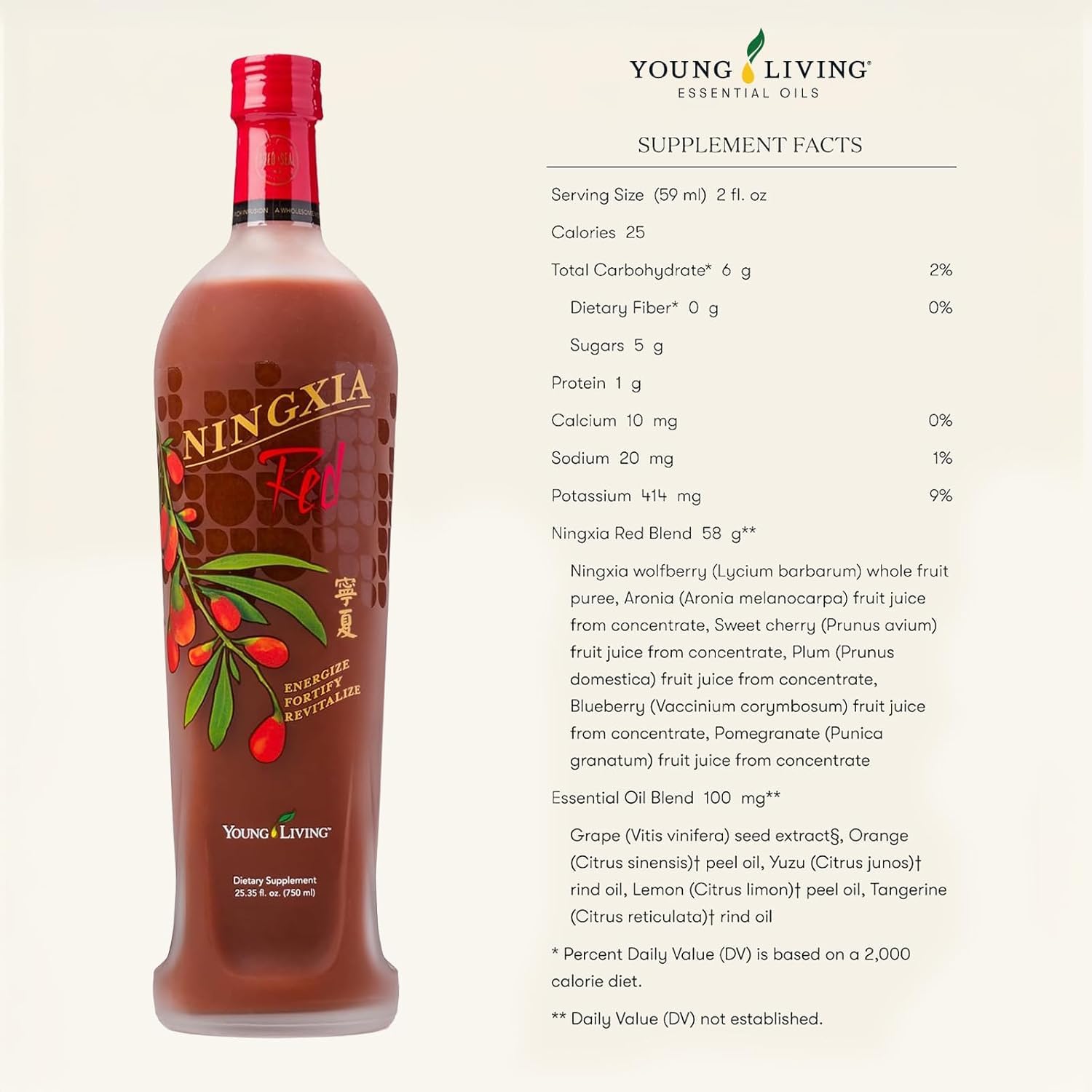 Young Living NingXia Red label close-up showing citrus essential oils.