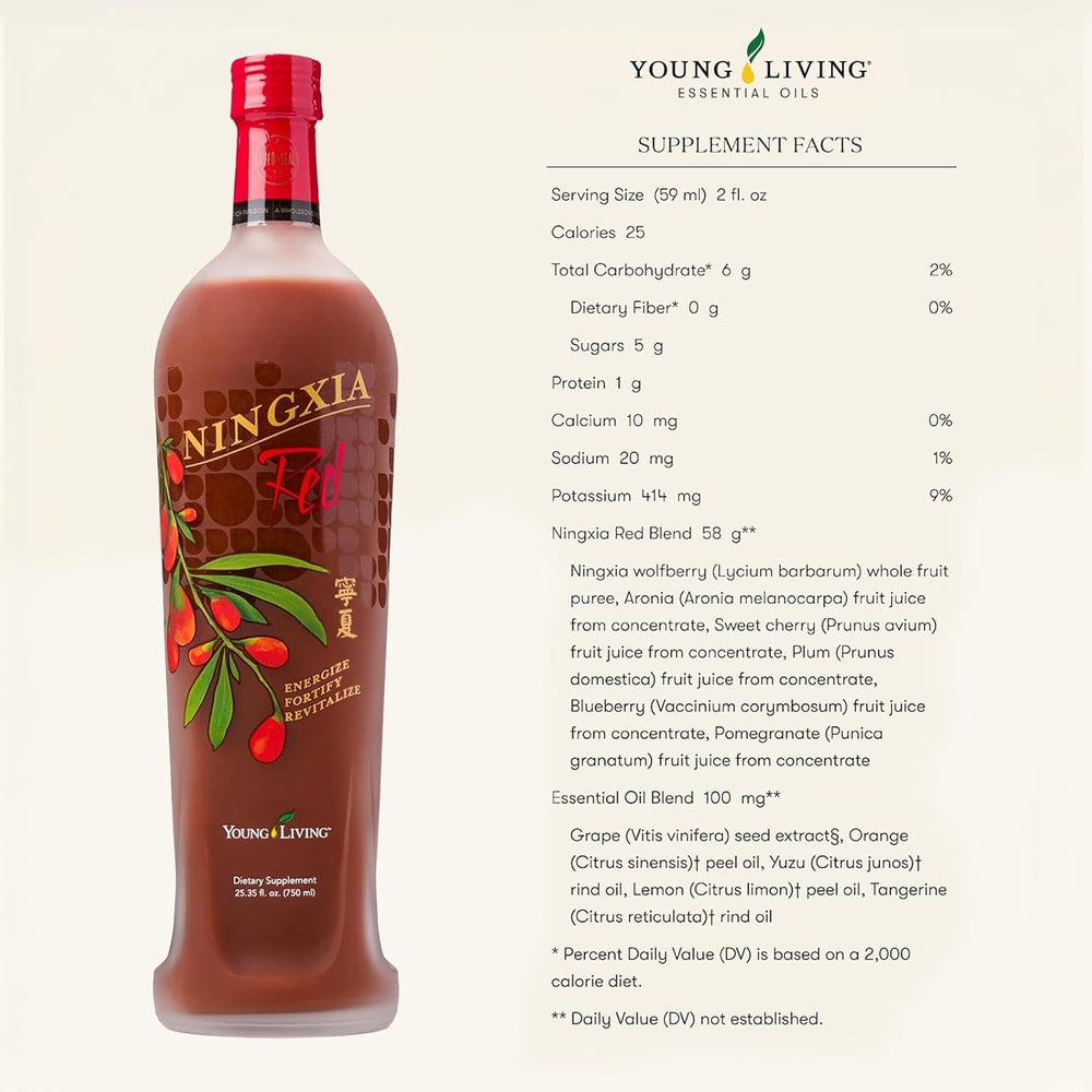 Young Living NingXia Red label close-up showing citrus essential oils.