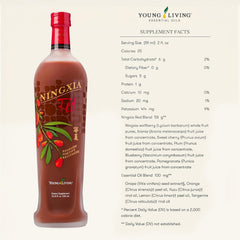 Young Living NingXia Red label close-up showing citrus essential oils.