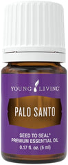 Young Living Palo Santo packaging and label emphasizing purity and 5 ml bottle for rituals.