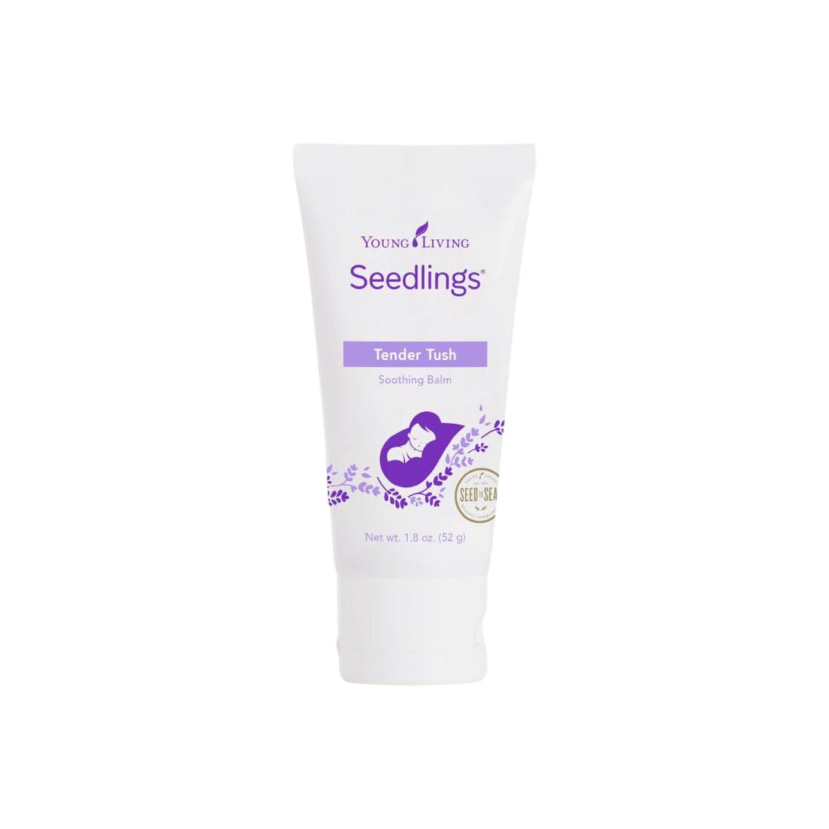 Young Living Seedlings Tender Tush balm jar front promoting gentle baby skin care.