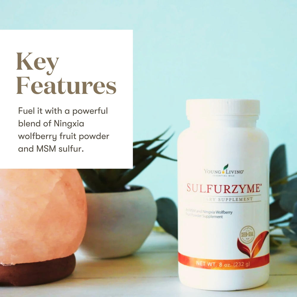 Young Living Sulfurzyme powder jar and label for easy daily routines and energy support.