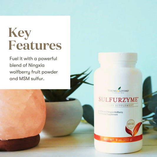 Young Living Sulfurzyme powder jar and label for easy daily routines and energy support.