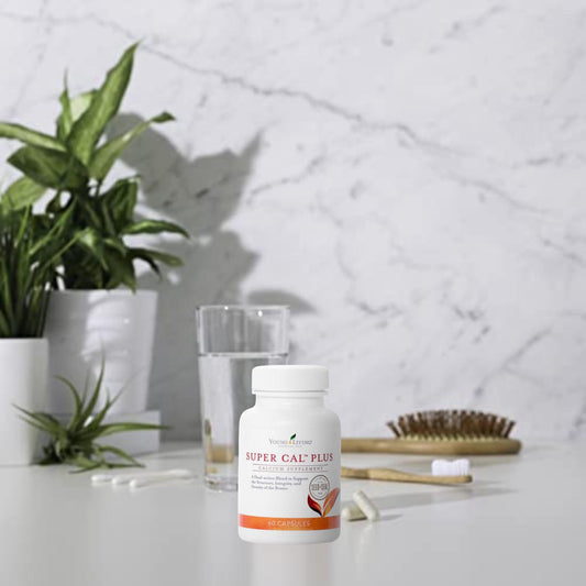 Young Living Super Cal Plus bottle and label highlighting daily mineral support