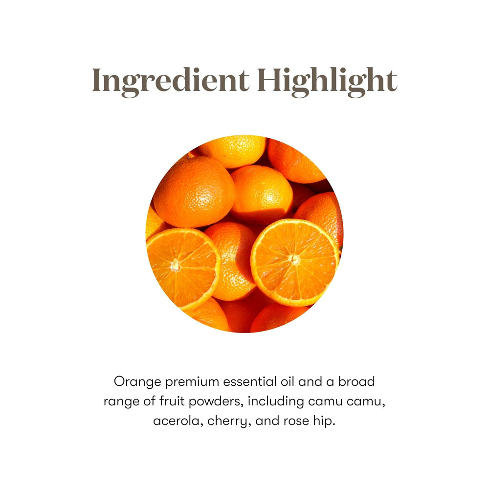 Young Living Super C chewables surrounded by citrus fruits and berries imagery