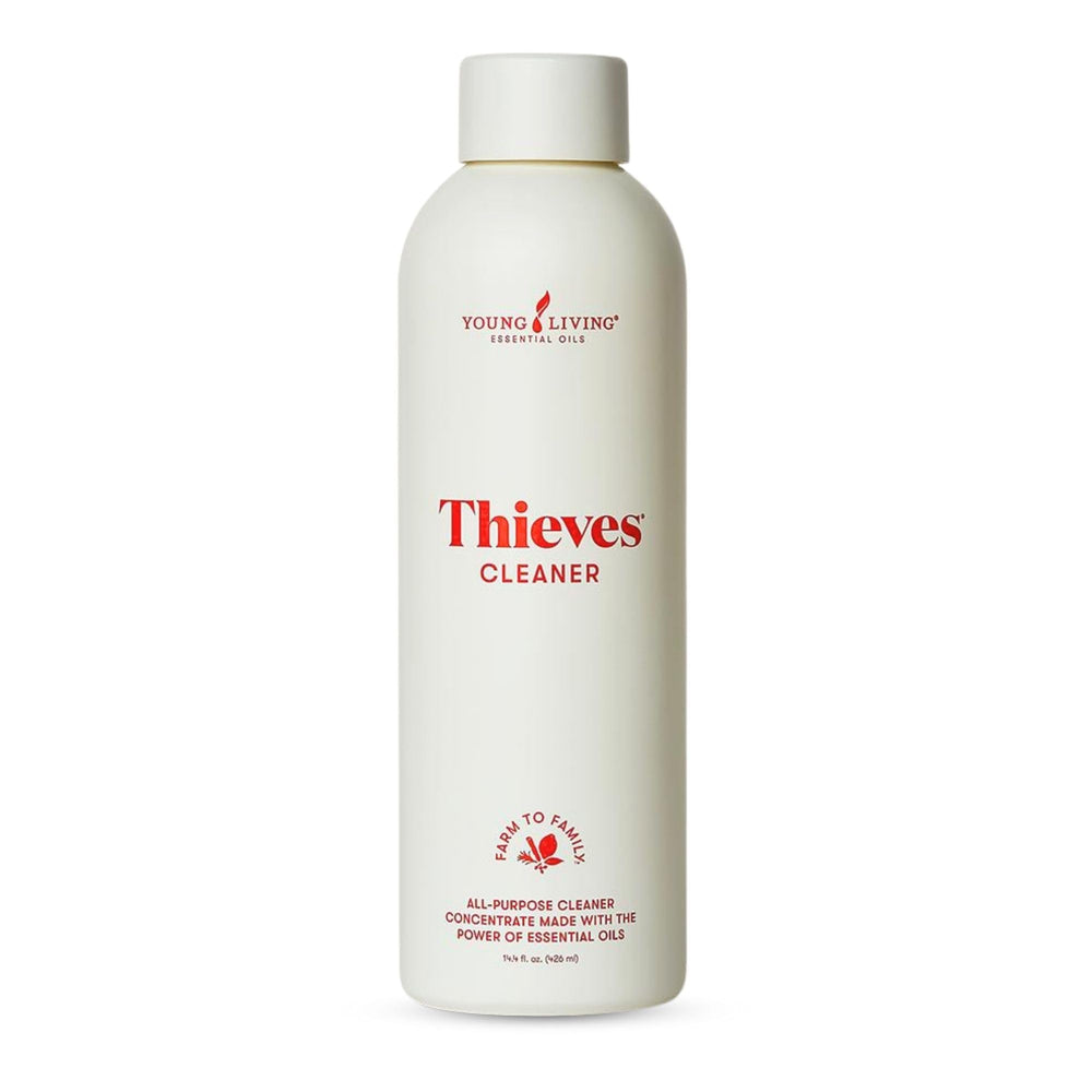 Young Living Thieves cleaner bottle label highlights plant-based ingredients for safe cleaning.