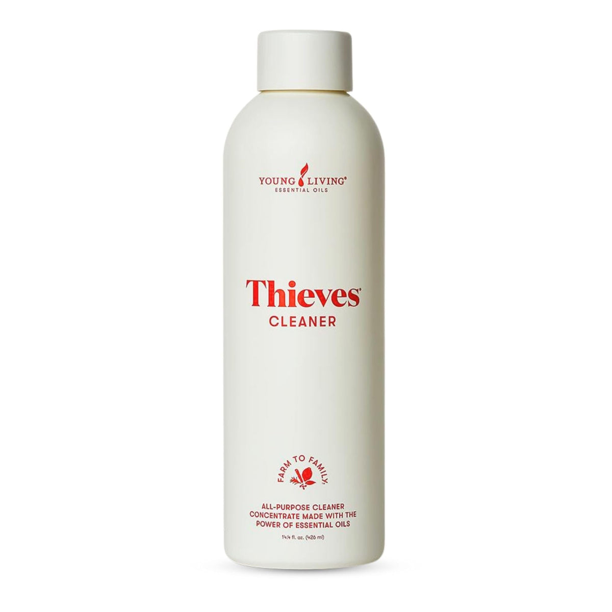 Young Living Thieves cleaner bottle label highlights plant-based ingredients for safe cleaning.