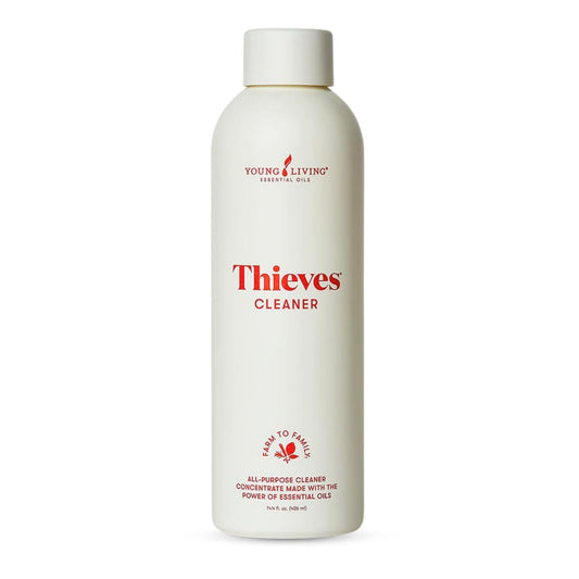 Young Living Thieves cleaner bottle label highlights plant-based ingredients for safe cleaning.