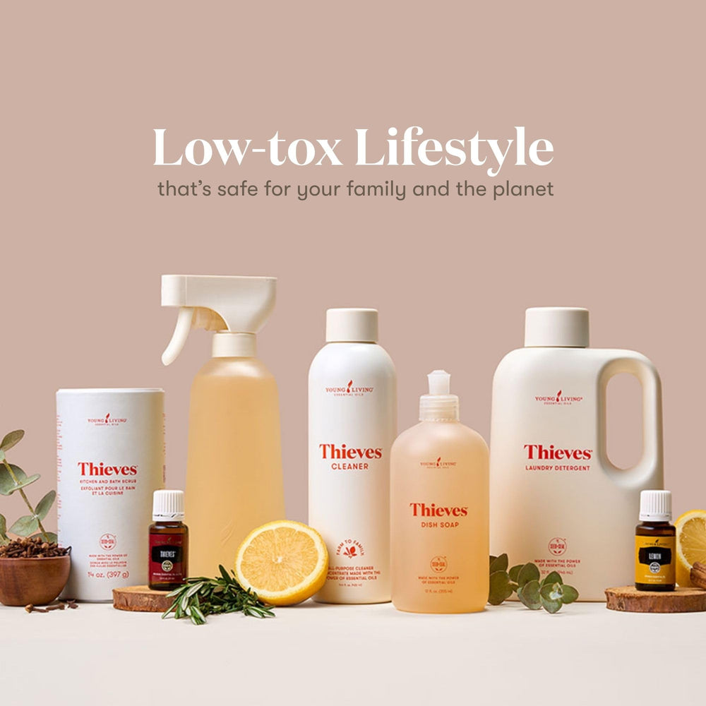 Young Living Thieves cleaner packaging communicates natural, plant-based power.
