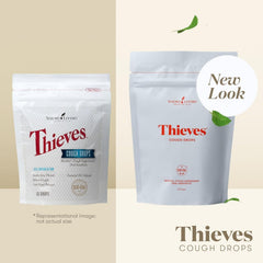 Close-up of Young Living Thieves Cough Drops bottle showing the glossy lozenges.