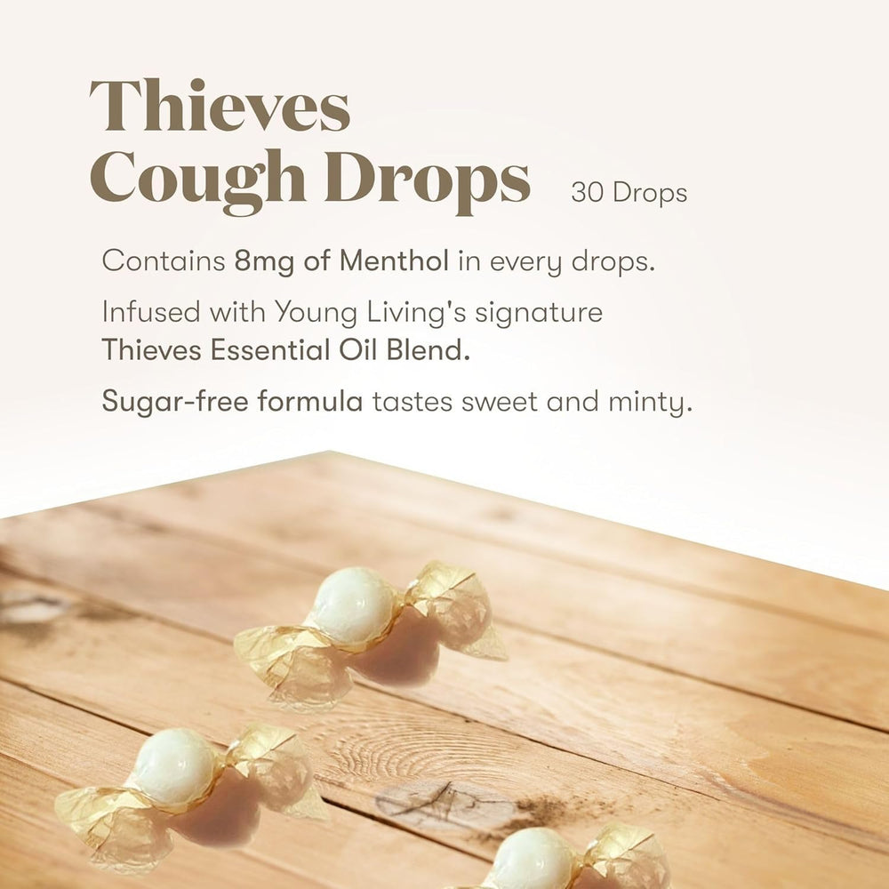 Packaging of Young Living Thieves Cough Drops displayed for quick flavor access.