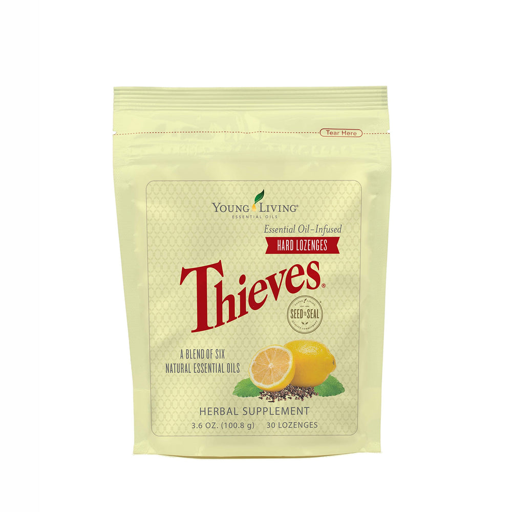 Young Living Thieves hard lozenges packaging showing 30-count tin for on-the-go relief