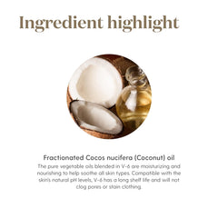 Young Living V-6 bottle highlighting fractionated coconut oil component.