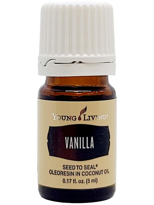 Close-up of Young Living Vanilla label highlighting natural vanilla aroma.