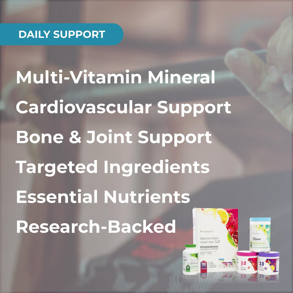 Youngevity 90-nutrient pack graphic highlights minerals, vitamins, amino acids