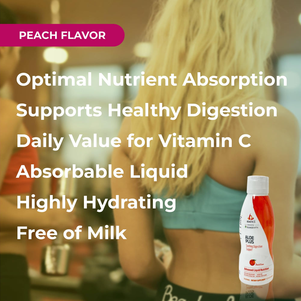 Youngevity Aloe Plus glass with beverage illustrating convenient consumption.