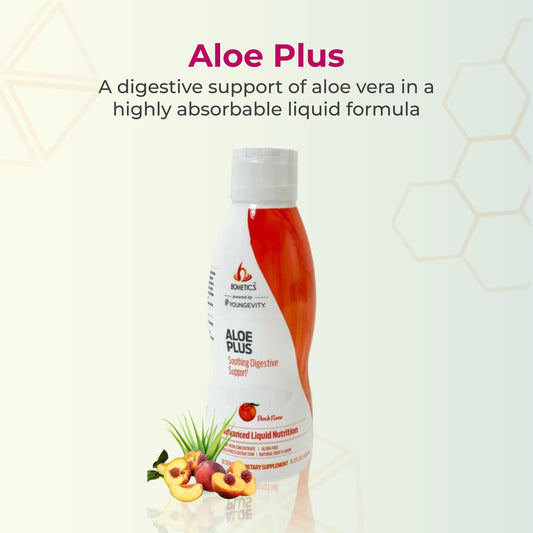 Youngevity Aloe Plus label highlighting the natural blend for digestive comfort.
