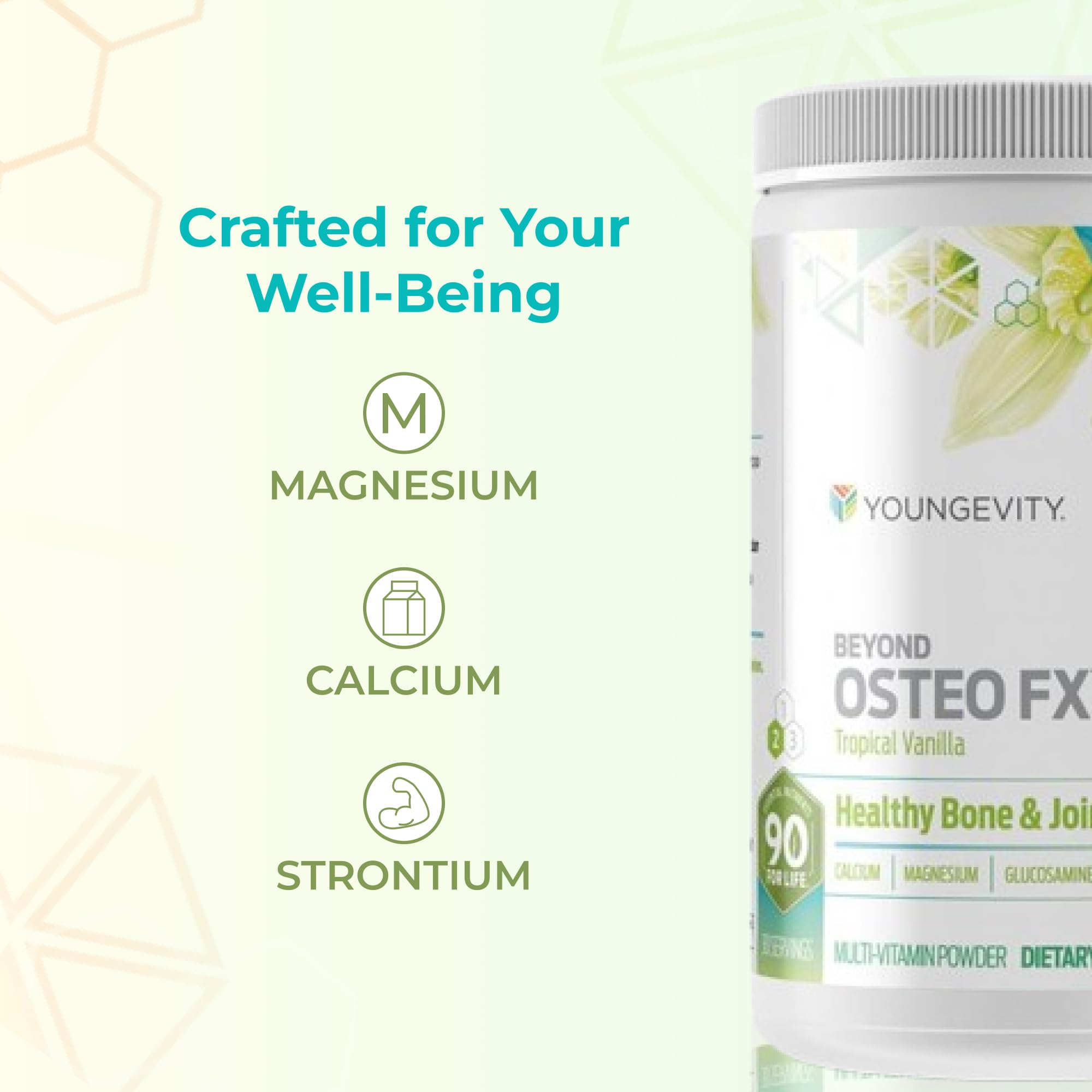 Youngevity Beyond Osteo-FX powder with measuring scoop emphasizes balanced minerals