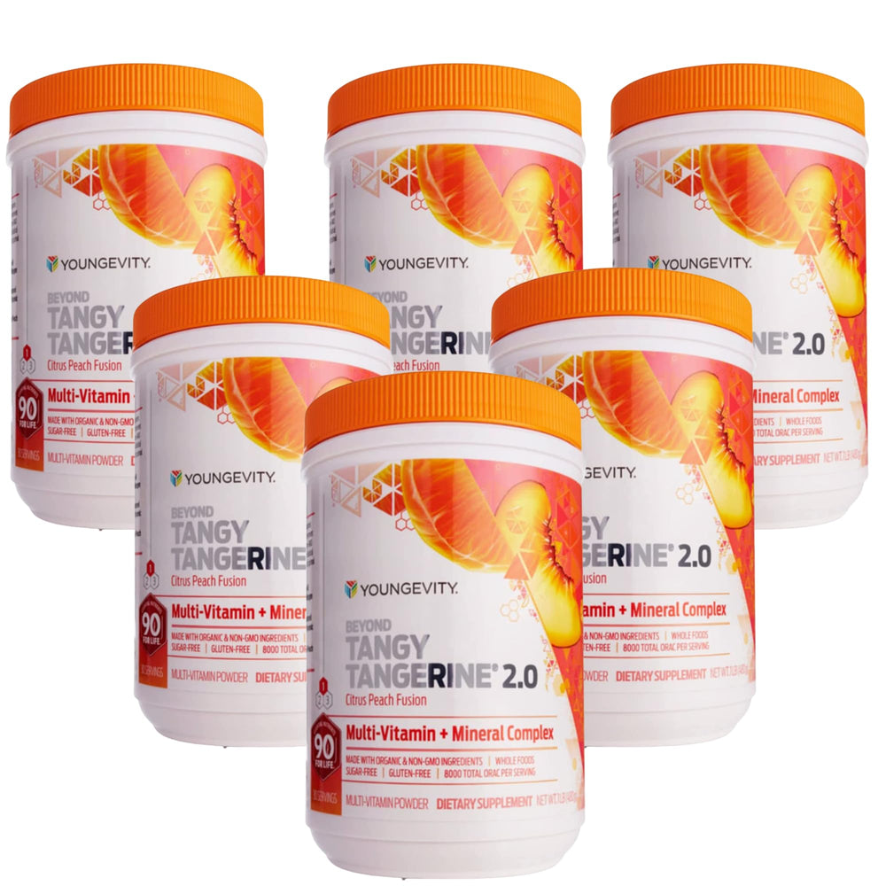Youngevity Beyond Tangy Tangerine 2.0 citrus peach bottle for daily nutrition support.