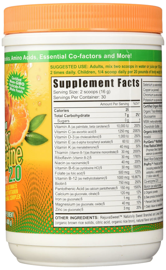 Label close-up of Beyond Tangy Tangerine 2.0 Citrus Peach Fusion highlighting organic ingredients for daily nutrition.