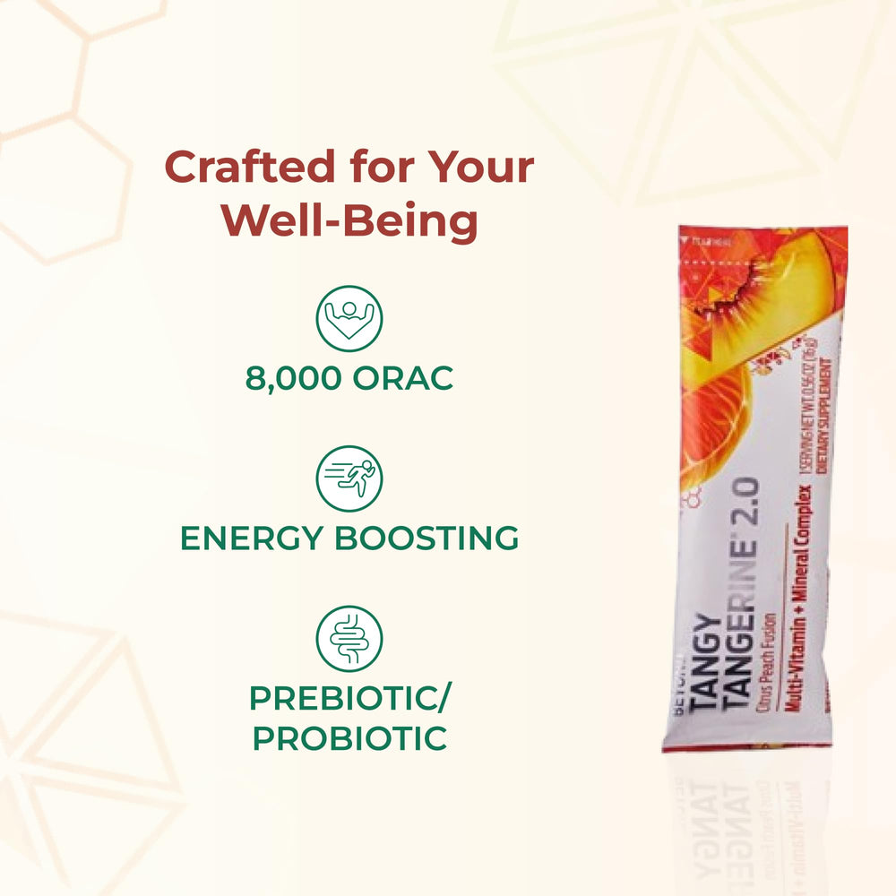 Box of Beyond Tangy Tangerine 2.0 packets ideal for travel and daily prep.