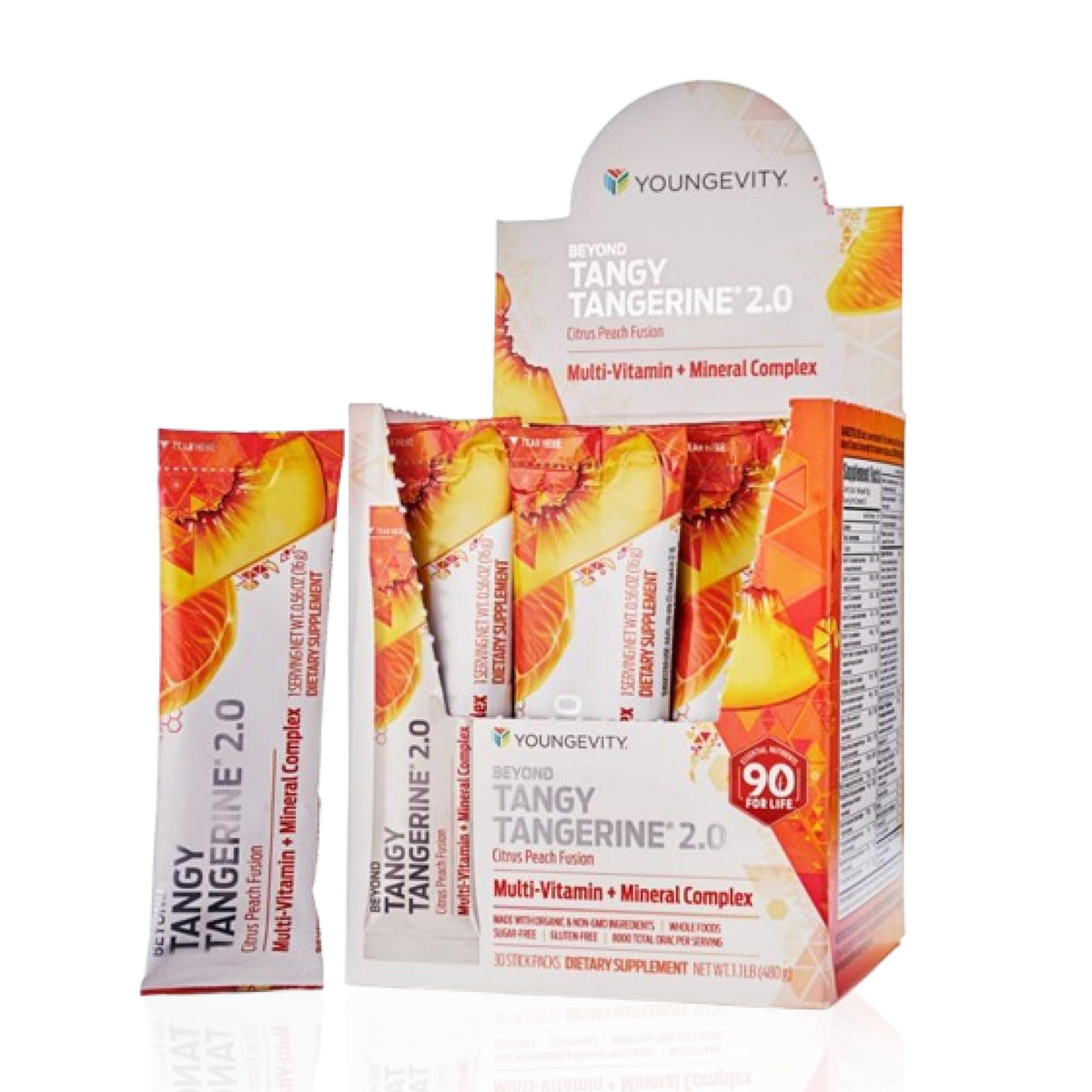 Youngevity Beyond Tangy Tangerine 2.0 packets on counter for easy daily nutrient support.