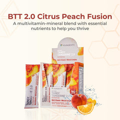 Open Beyond Tangy Tangerine 2.0 Citrus Peach packet being poured into water for quick hydration.