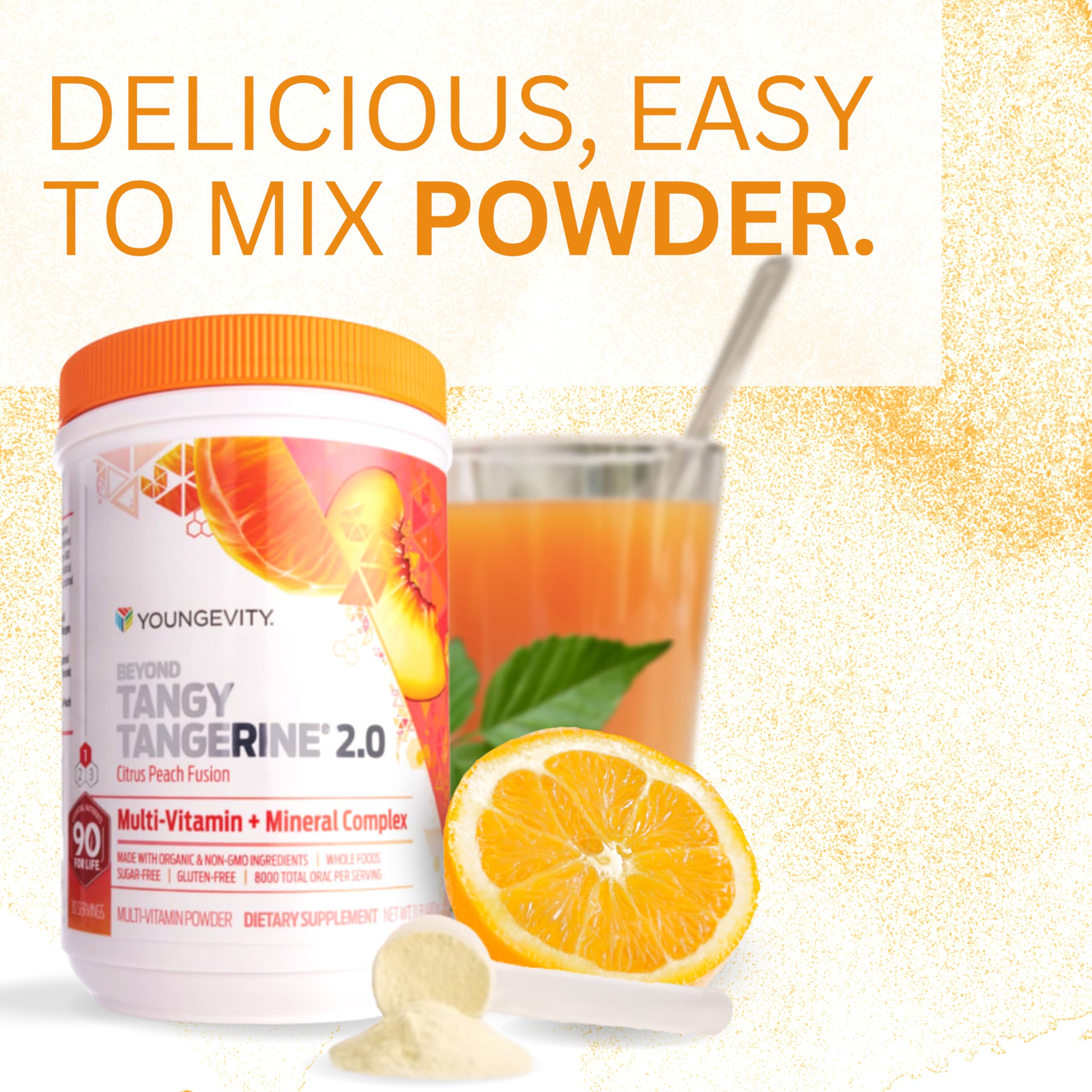 Youngevity Beyond Tangy Tangerine 2.0 Citrus Peach six-pack packaging for ongoing daily use.