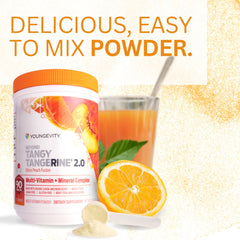 Kitchen scene with Youngevity Beyond Tangy Tangerine 2.0 bottle, supporting a daily wellness routine.