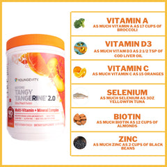 Close-up of natural whole-food ingredients on Youngevity Beyond Tangy Tangerine 2.0 label.