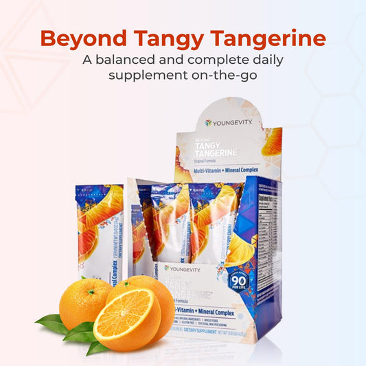 Youngevity Beyond Tangy Tangerine bottle pour highlights easy dosing for busy mornings.