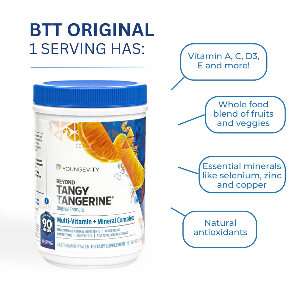 Canister close-up showing gluten-free and organic features of Beyond Tangy Tangerine