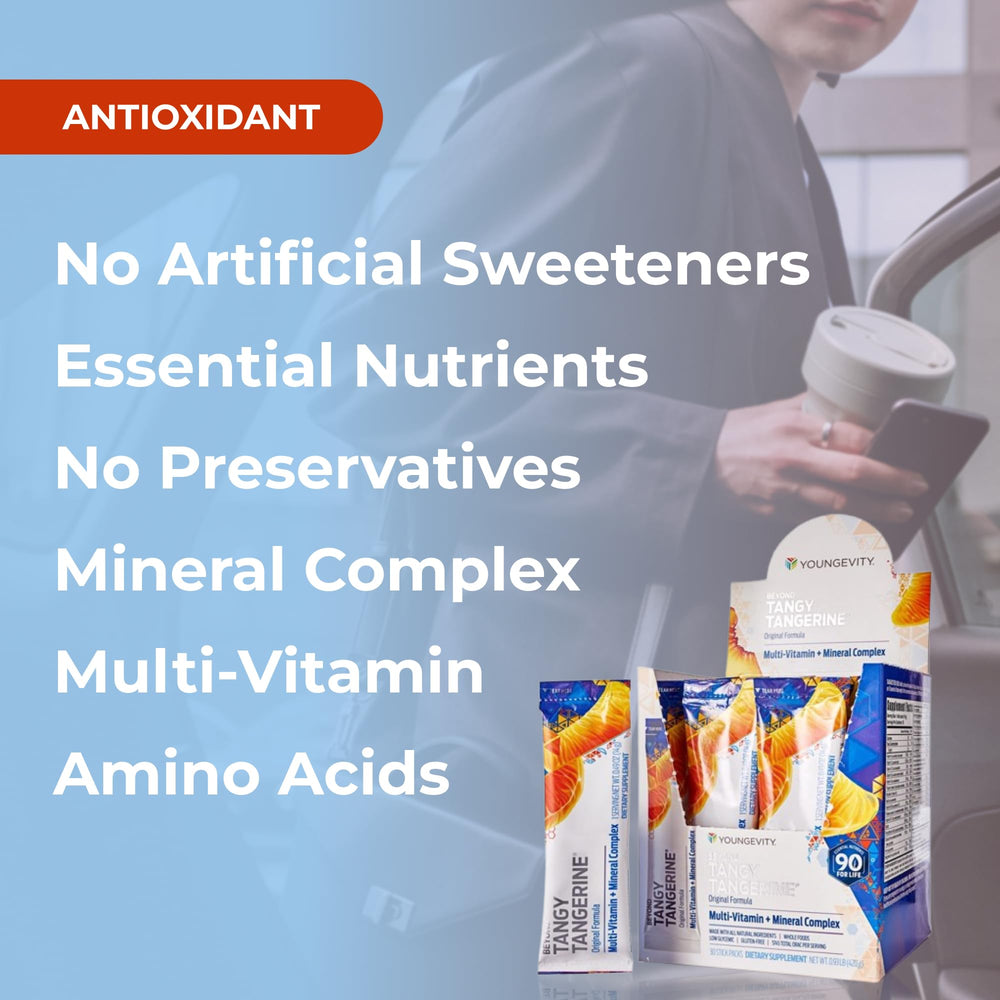 Youngevity Beyond Tangy Tangerine tablets illustrate compact daily capsules.