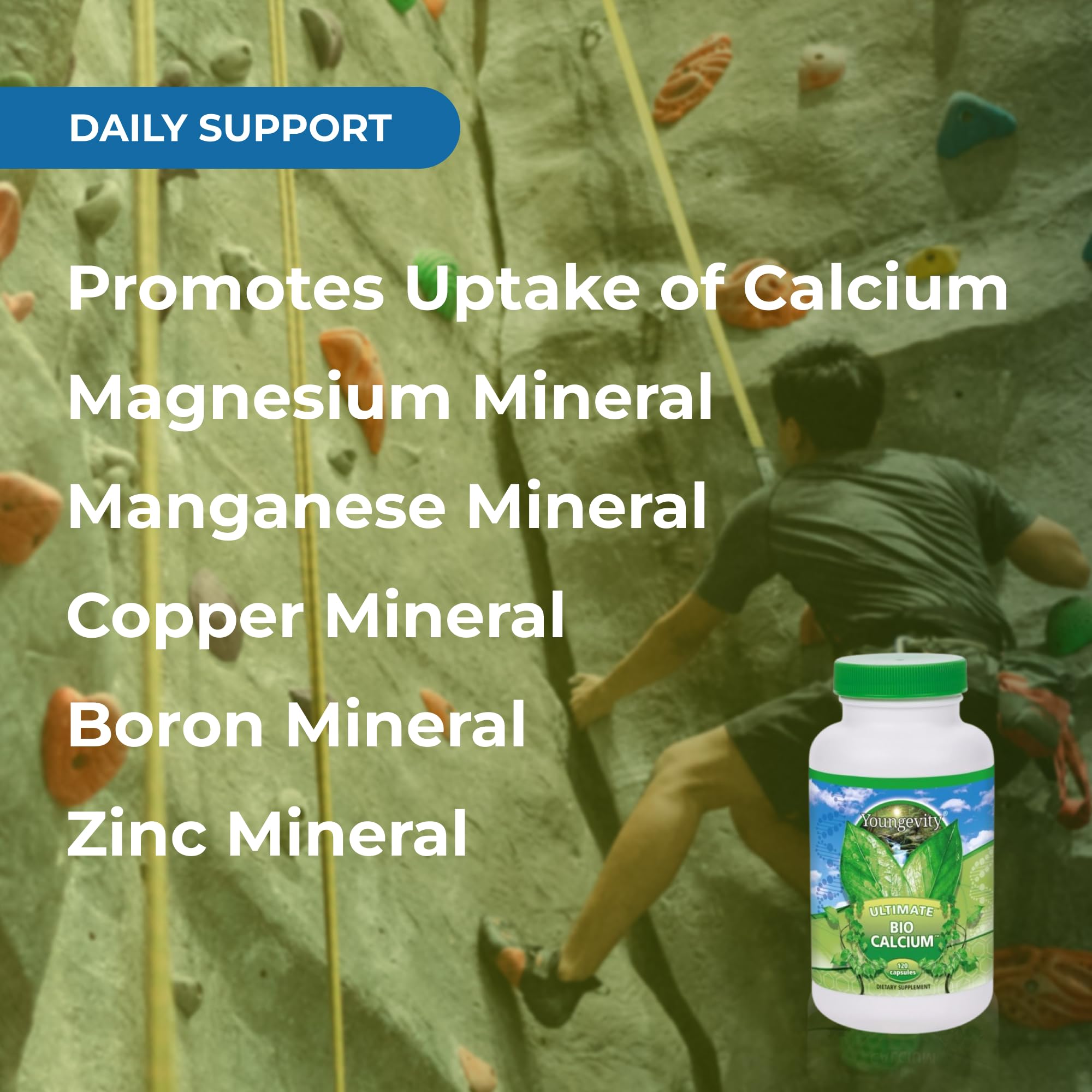Youngevity Bio Calcium cofactors graphic communicates enhanced absorption support.
