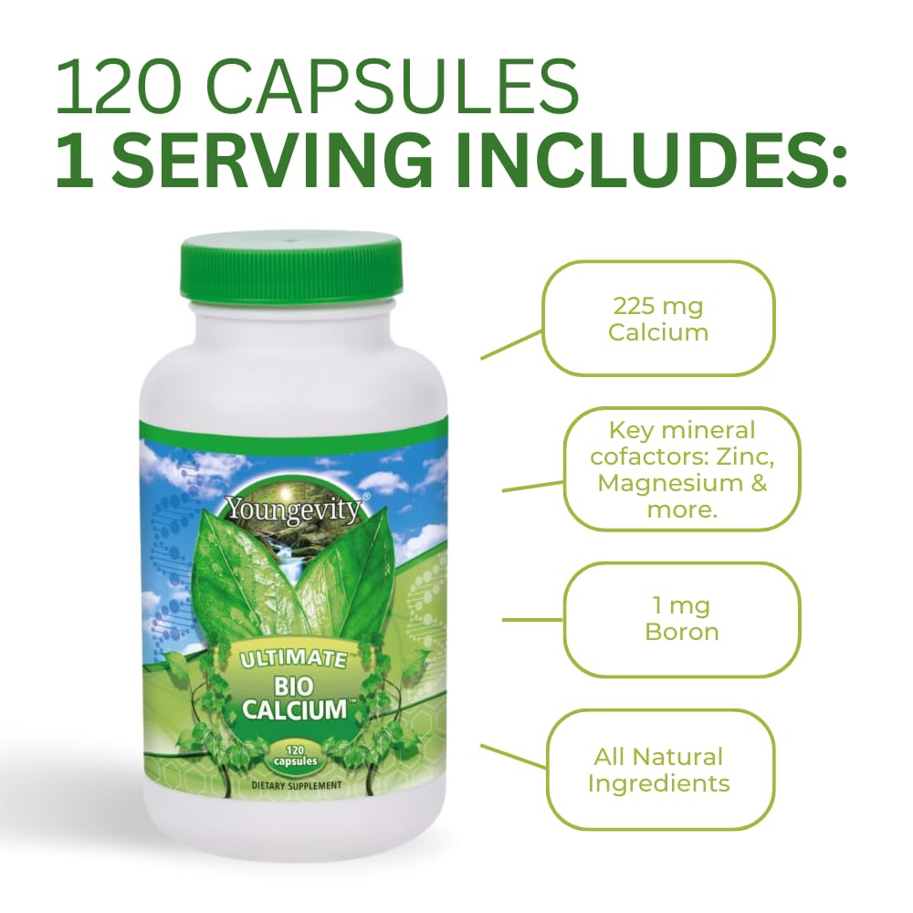 Youngevity Bio Calcium ingredients panel shows citrate and tricalcium phosphate.