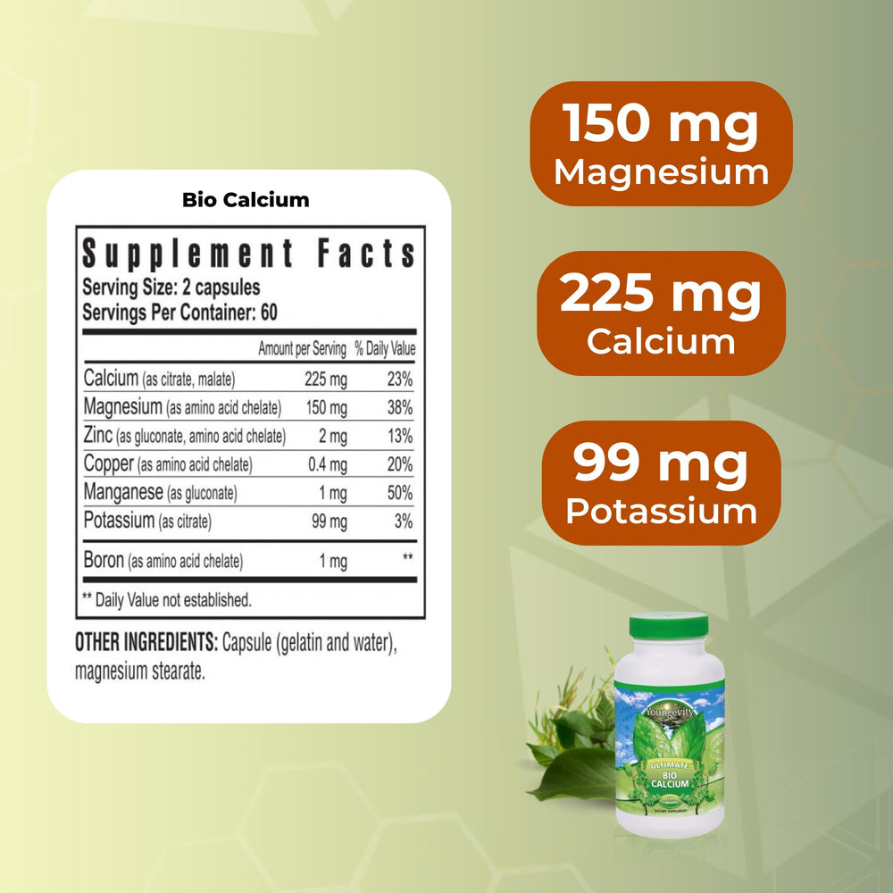 Youngevity Bio Calcium label highlights ingredients and quality standards for trust.