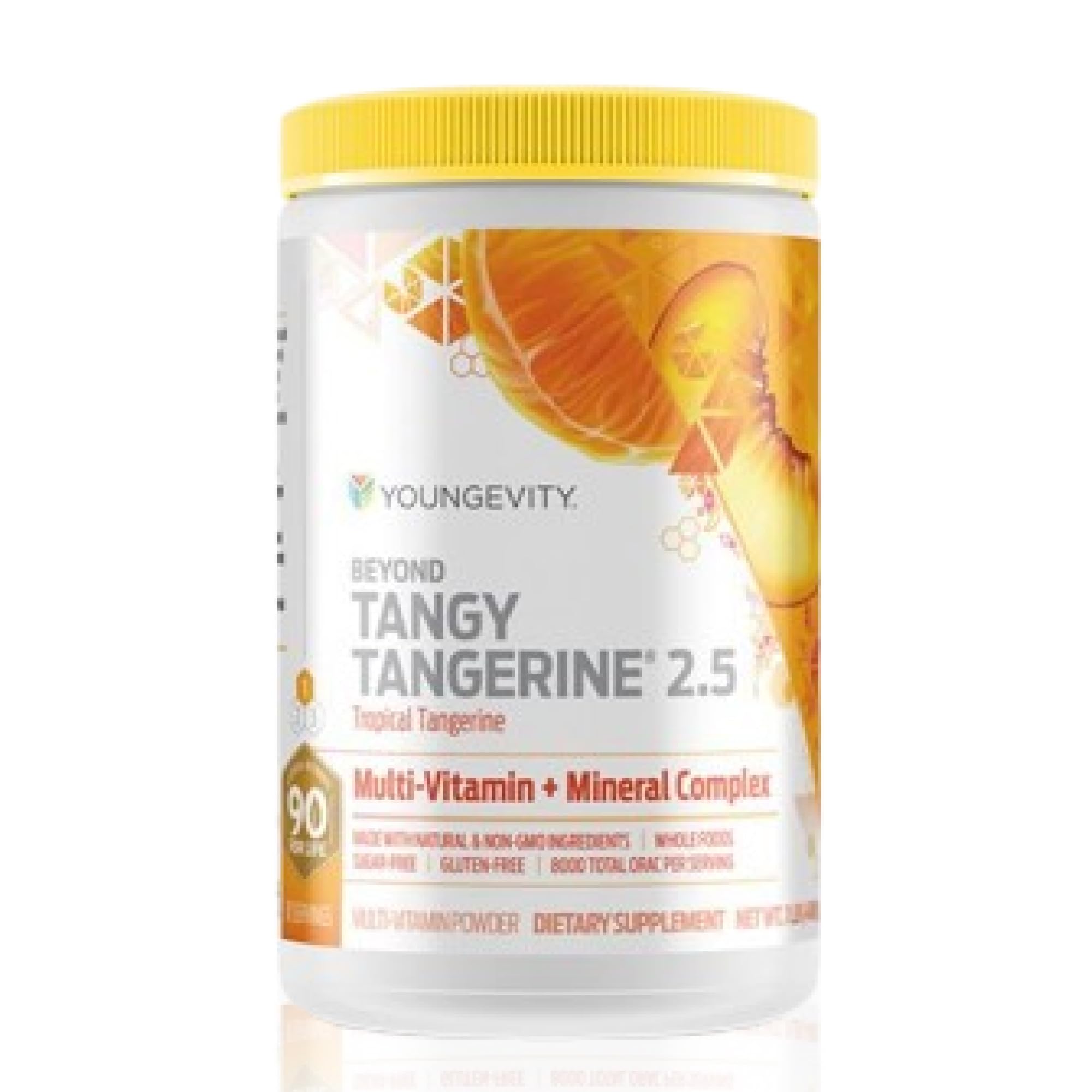 Youngevity Beyond Tangy Tangerine 2.5 bottle shows vibrant color for daily wellness.