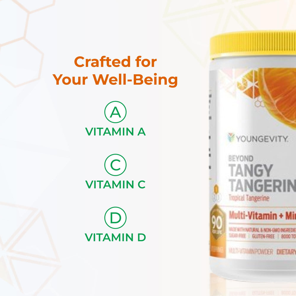 Youngevity Beyond Tangy Tangerine bottle with glass of supplement for daily routine.