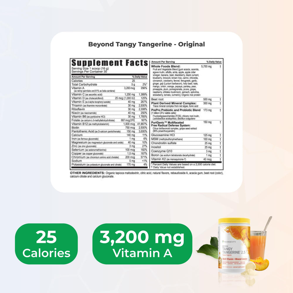 Youngevity Beyond Tangy Tangerine 2.5 powder jar emphasizes gluten-free and sugar-free formula.