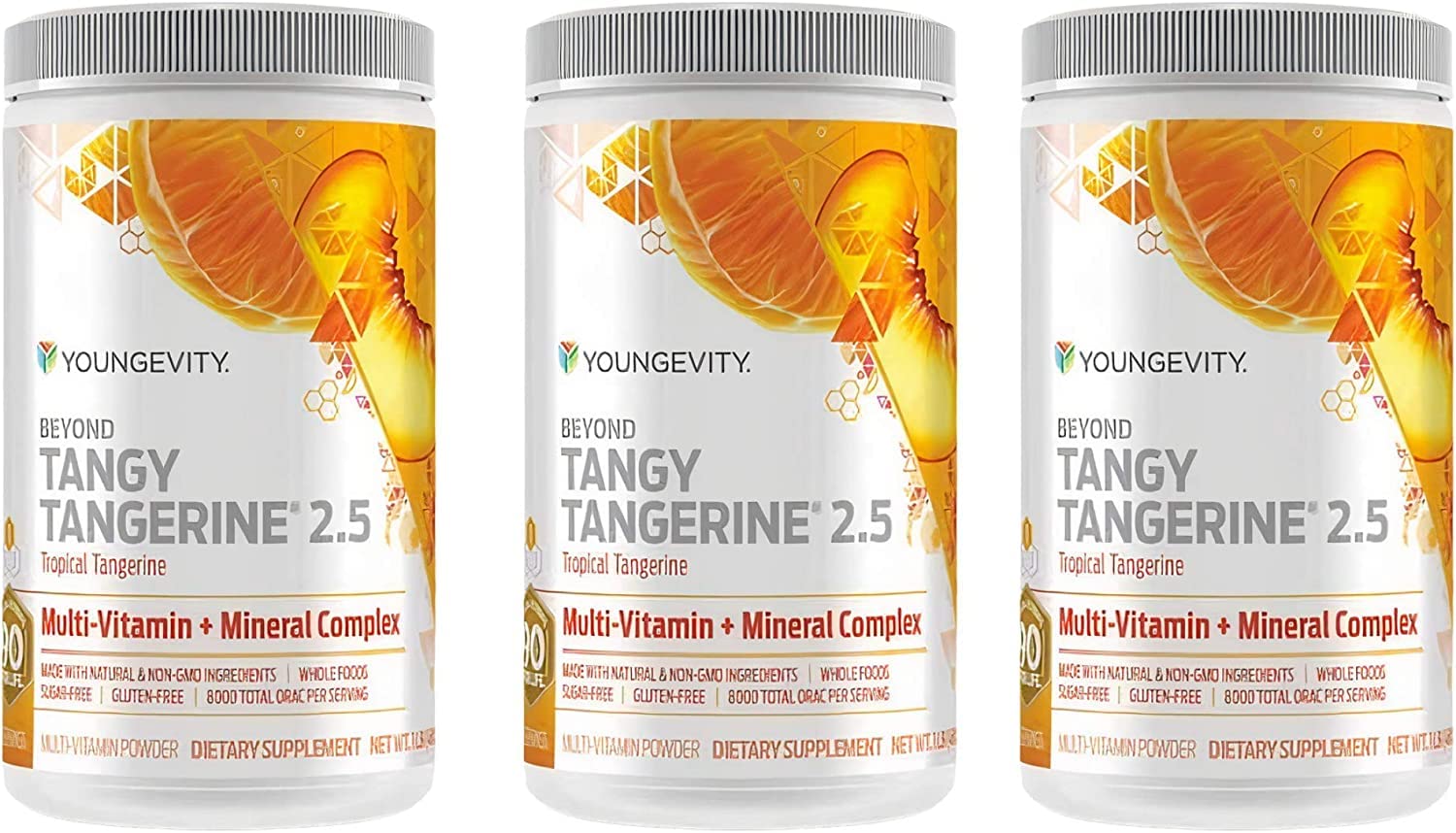 Youngevity Beyond Tangy Tangerine 2.5 tub with tropical tangerine powder, easy daily nutrition.
