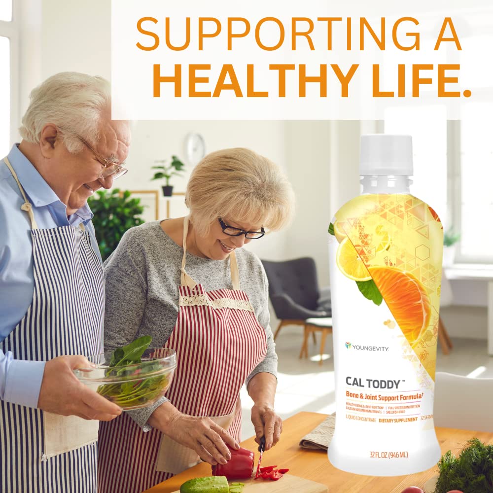 Youngevity CAL Toddy bottle beside a glass for daily supplementation.