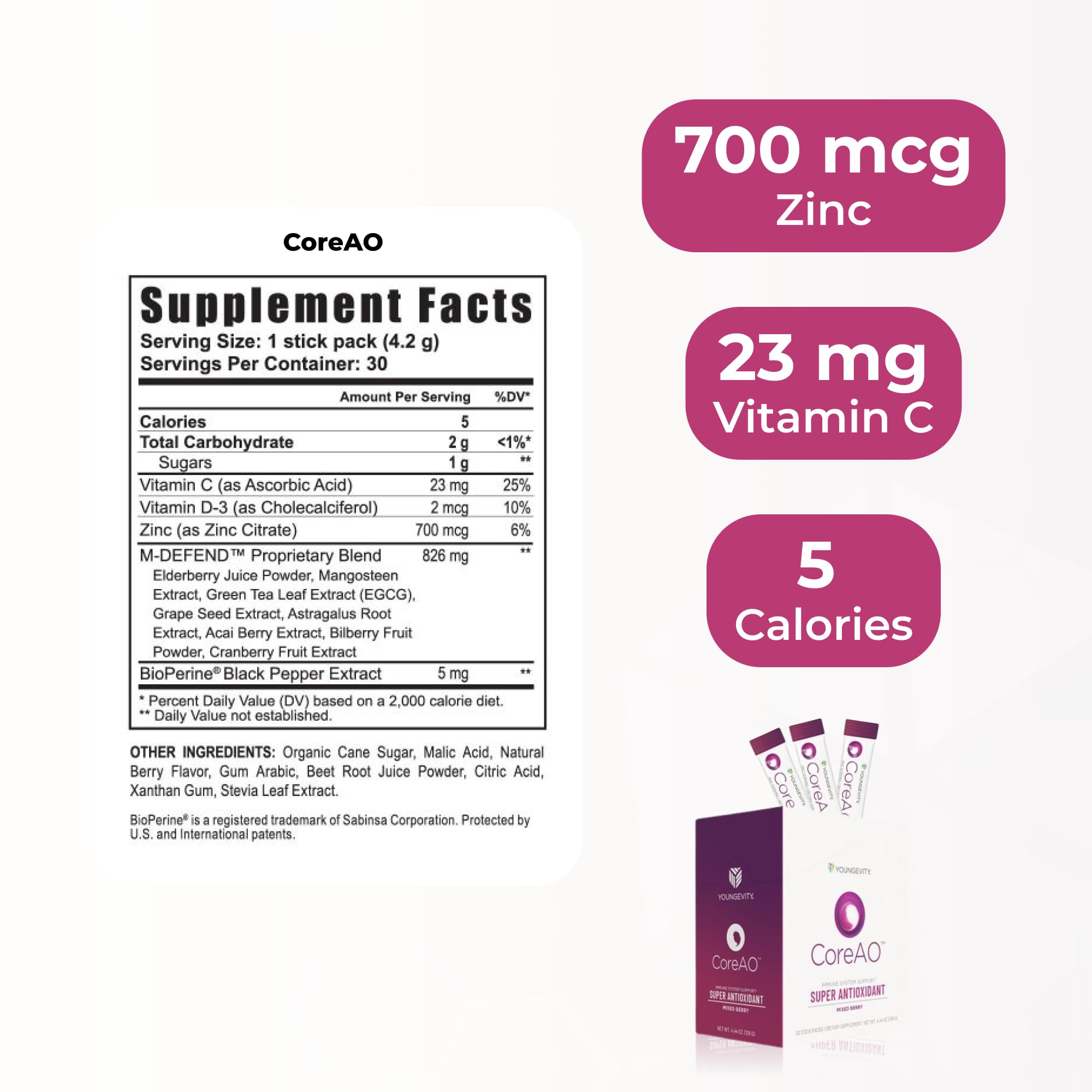 Youngevity CoreAO Stiks with vitamin C, D3, and zinc for daily support on the go