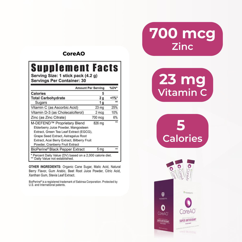 Youngevity CoreAO Stiks with vitamin C, D3, and zinc for daily support on the go