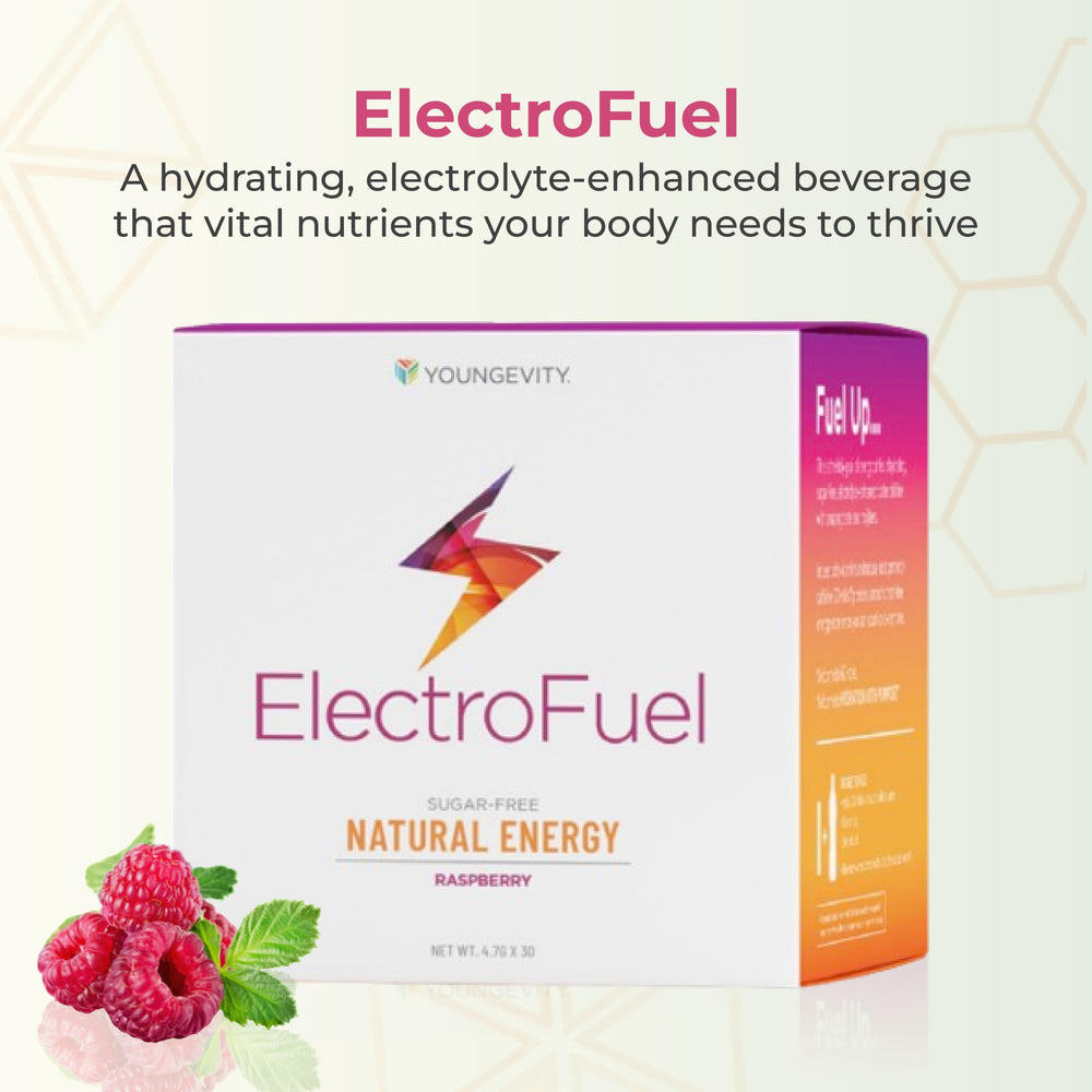 Youngevity ElectroFuel raspberry powder dissolving in water for a refreshing drink.