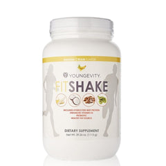 Youngevity FitShake Banana Cream bottle pour showing convenient on-the-go protein.